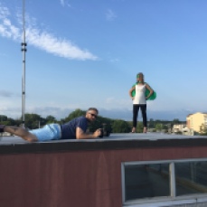 Photographer Tony Weeg and JA Hero Kim Gillis fly up to the roof of the Becker Morgan building to capture some Hero shots.